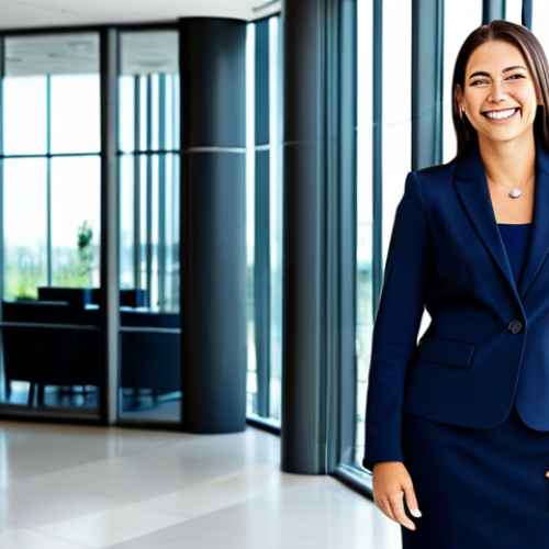 **

"A professional businesswoman in a modest, navy blue business suit, smiling confidently while standing in a modern office lobby with glass walls, fully clothed, appropriate attire, safe for work, perfect anatomy, natural proportions, professional corporate photography, high quality."

**