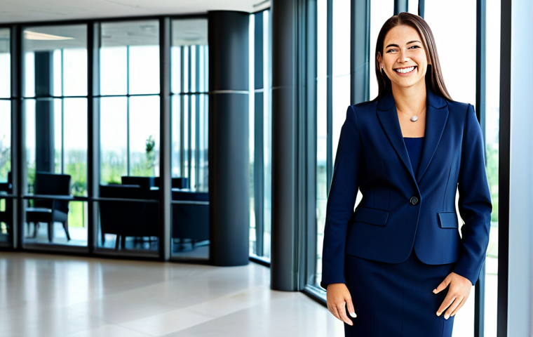 **

"A professional businesswoman in a modest, navy blue business suit, smiling confidently while standing in a modern office lobby with glass walls, fully clothed, appropriate attire, safe for work, perfect anatomy, natural proportions, professional corporate photography, high quality."

**