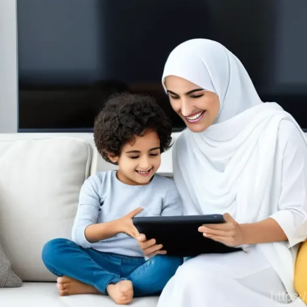 OTT 유료 서비스의 장점 - **Prompt:** A modern, warm Arabic home setting, featuring a diverse family (parents in their late 30...