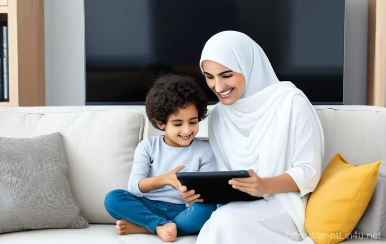 OTT 유료 서비스의 장점 - **Prompt:** A modern, warm Arabic home setting, featuring a diverse family (parents in their late 30...