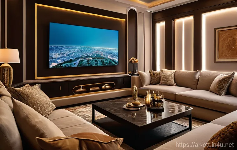 OTT 유료 서비스의 장점 - **Prompt:** A modern, warm Arabic home setting, featuring a diverse family (parents in their late 30...