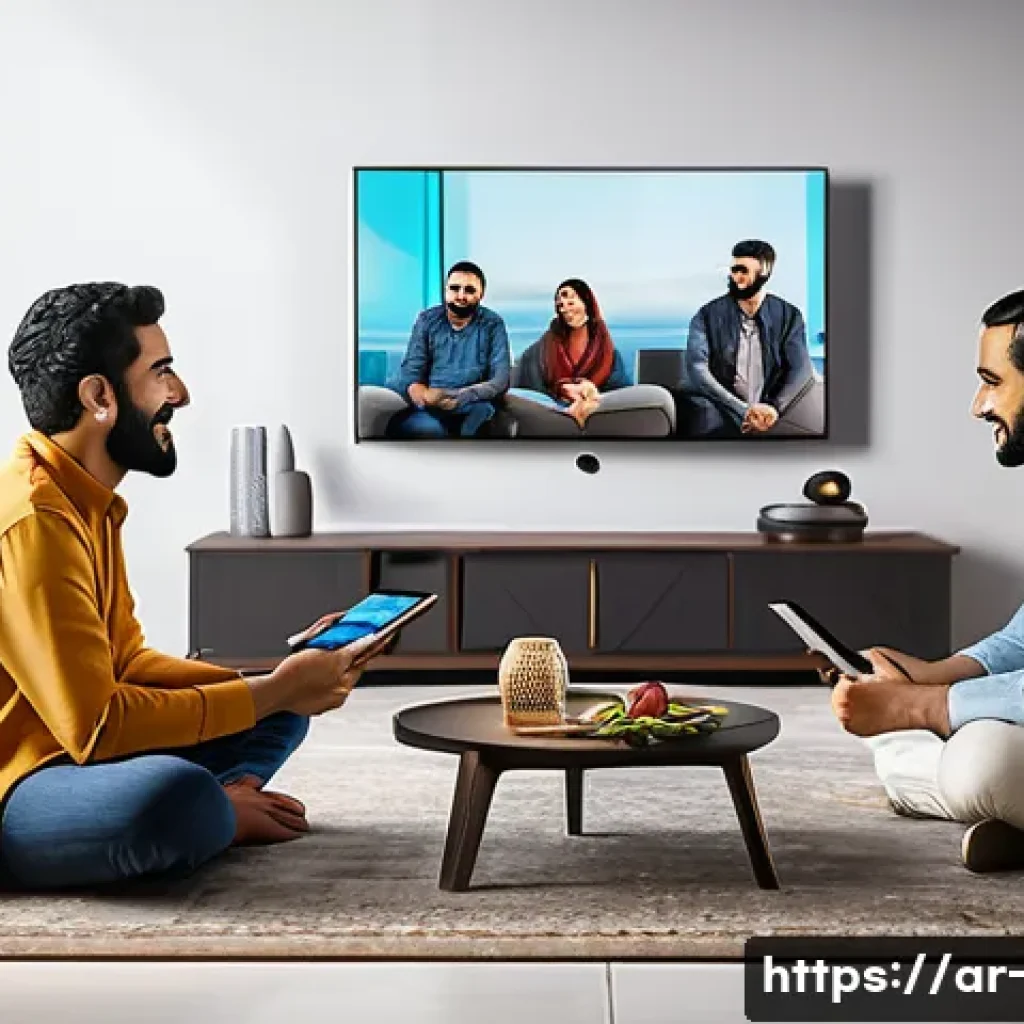 OTT와 몰입형 경험 - A modern digital living room setting in a Middle Eastern home, featuring a diverse Arab family gathe...