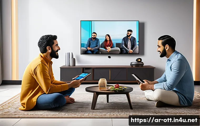 OTT와 몰입형 경험 - A modern digital living room setting in a Middle Eastern home, featuring a diverse Arab family gathe...