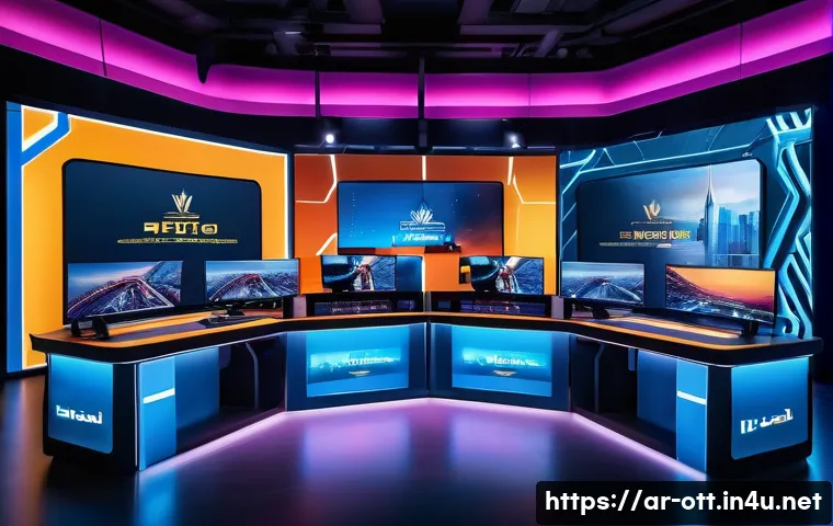 OTT e스포츠 중계 - A vibrant esports tournament broadcast studio set in a modern Middle Eastern cityscape at dusk, feat...