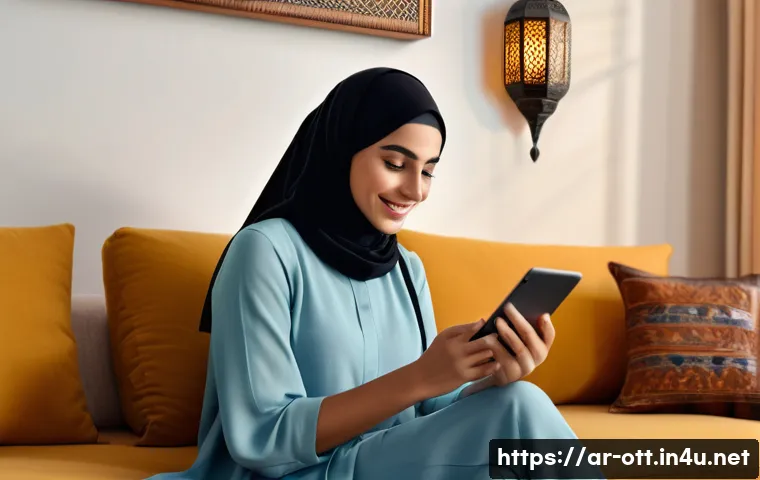 OTT와 단편 콘텐츠 제공 - A modern Arab living room scene showing a young Arab woman comfortably using a smartphone and tablet...