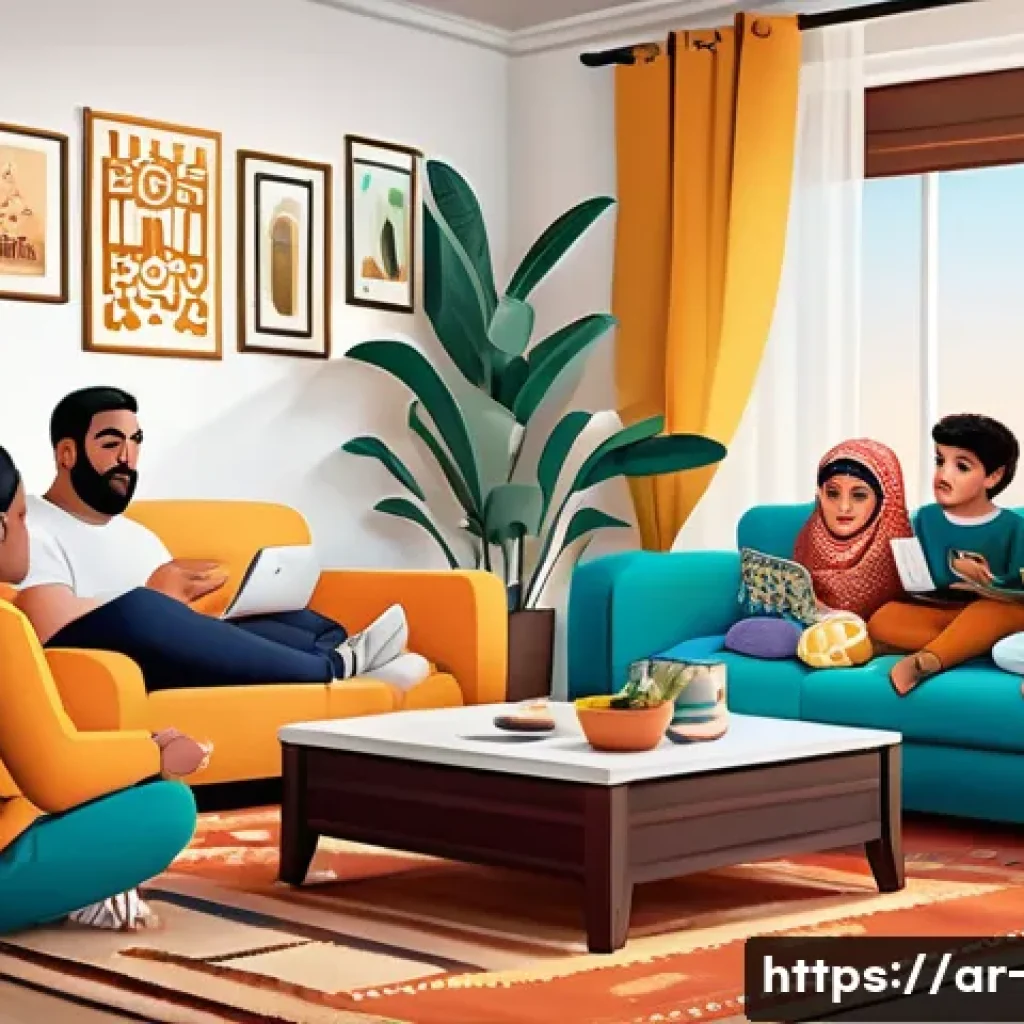 넷플릭스 콘텐츠 수 - A vibrant digital illustration showing a diverse group of Arabic-speaking families and individuals e...