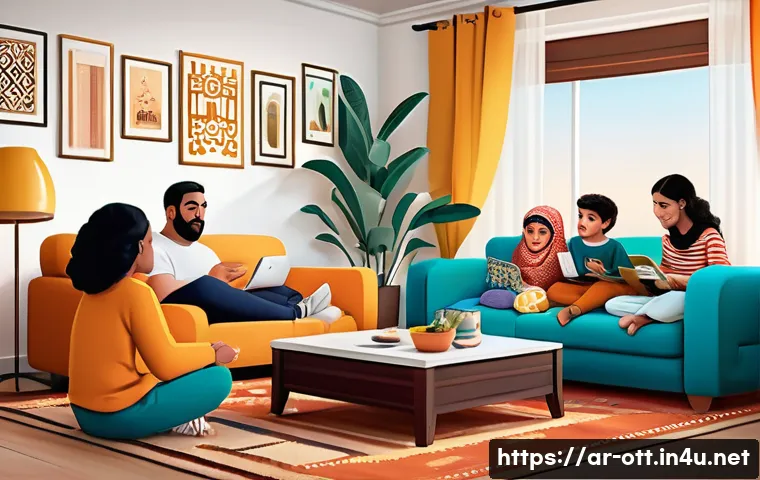 넷플릭스 콘텐츠 수 - A vibrant digital illustration showing a diverse group of Arabic-speaking families and individuals e...