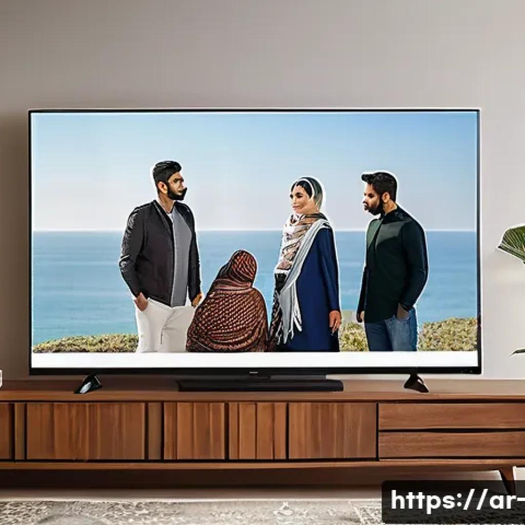 OTT 플랫폼 추천 - A modern living room setting with an Arab family enjoying a streaming service on a large smart TV, s...