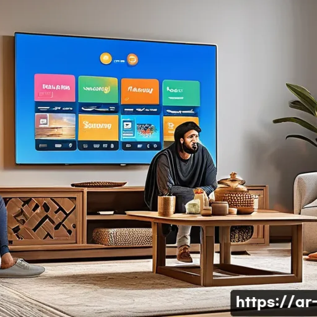 OTT와 콘텐츠 큐레이션 사례 - A modern Arabic family living room scene with a diverse group of people watching a large flat-screen...