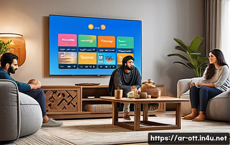 OTT와 콘텐츠 큐레이션 사례 - A modern Arabic family living room scene with a diverse group of people watching a large flat-screen...