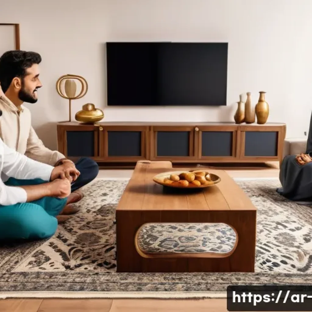 OTT와 유튜브의 차이 - A modern living room scene in a Middle Eastern home, featuring a diverse Arab family gathered around...