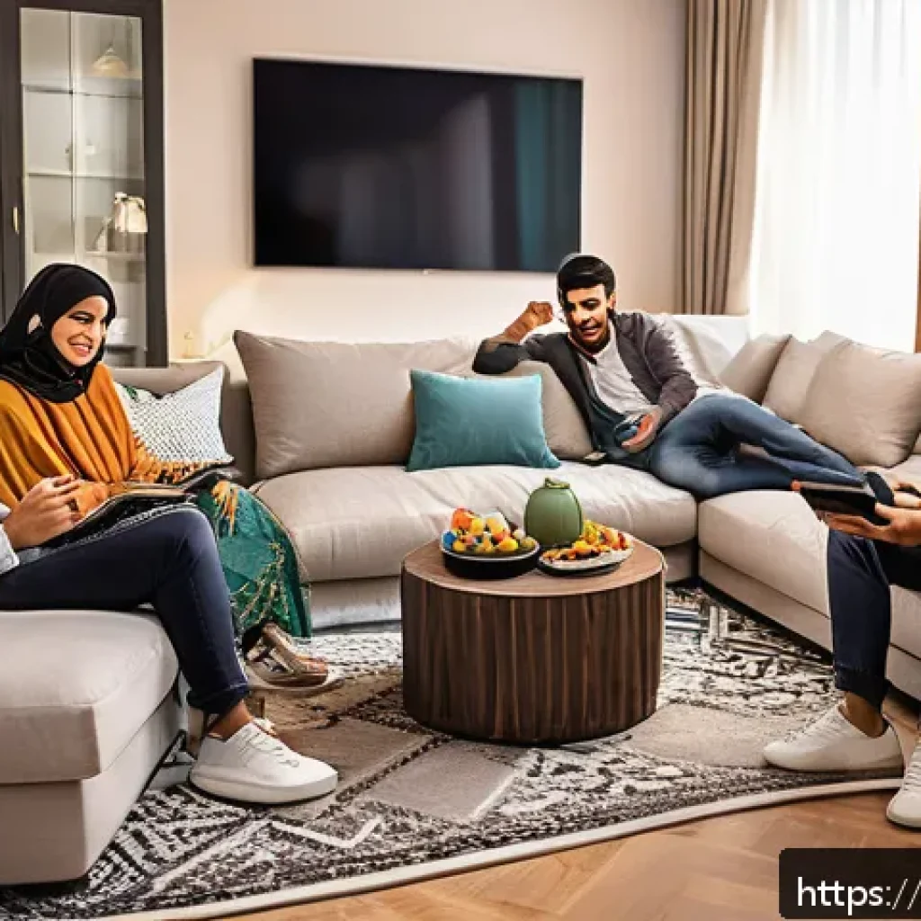 OTT와 인터넷 인프라 - A vibrant digital entertainment scene in the Arab world, showcasing a diverse group of young adults ...