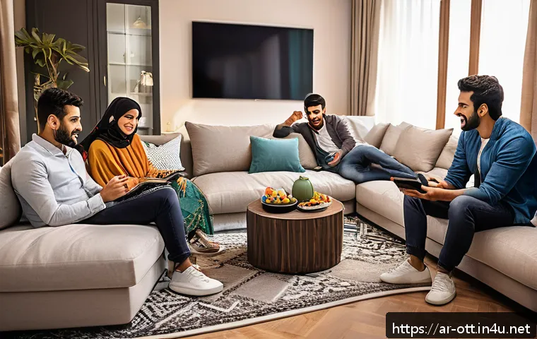 OTT와 인터넷 인프라 - A vibrant digital entertainment scene in the Arab world, showcasing a diverse group of young adults ...