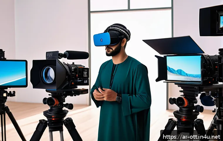OTT 플랫폼별 원가 분석 - A professional film production set in a modern Middle Eastern city, showcasing a diverse Arabic film...