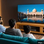 Home 22 OTT 플랫폼 해지율 - A modern Middle Eastern living room scene featuring an Arabic family of diverse ages enjoying a high...