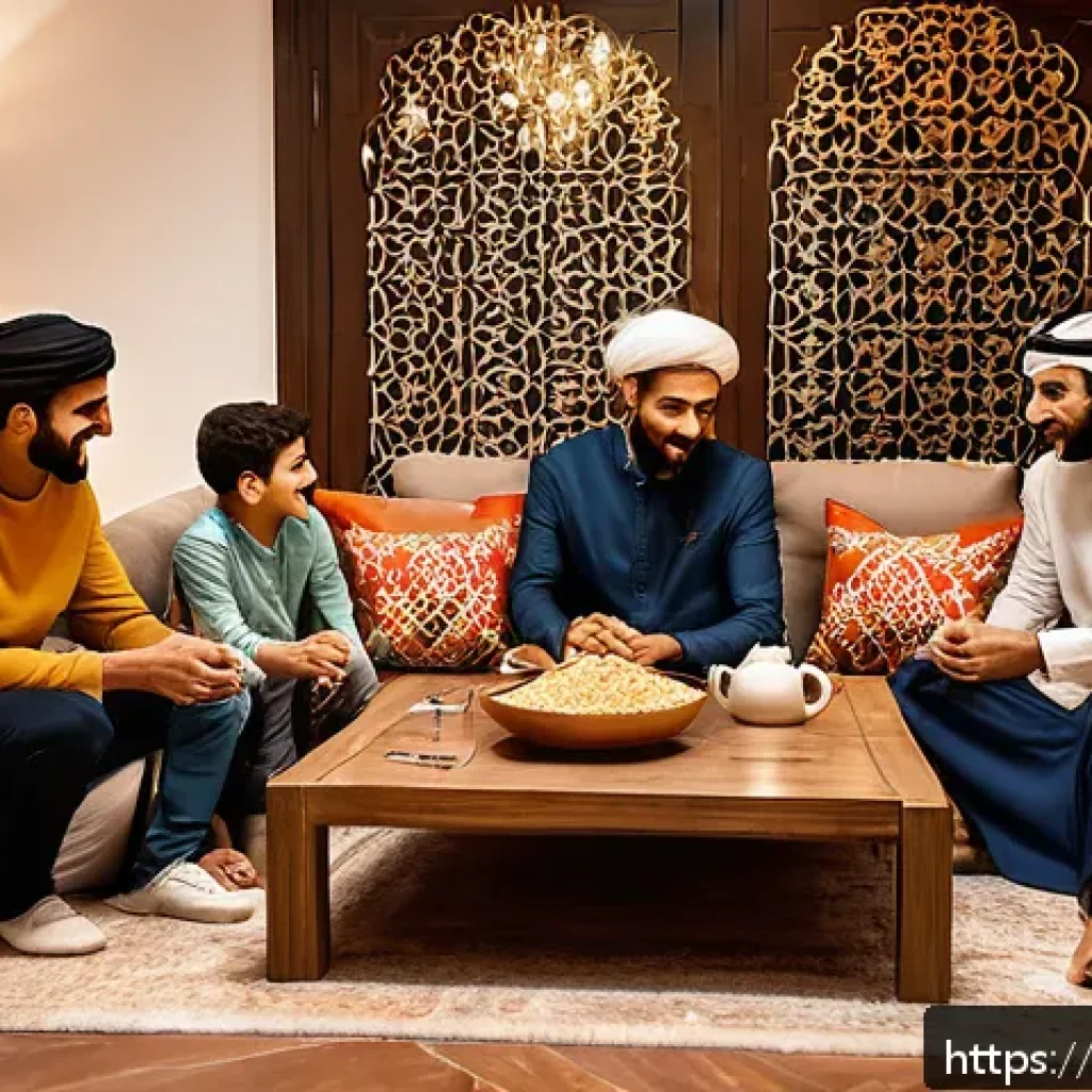 OTT와 패밀리 공유 기능 - A warm, cozy Middle Eastern family living room scene during an evening movie night, featuring a mult...