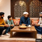 Home 21 OTT와 패밀리 공유 기능 - A warm, cozy Middle Eastern family living room scene during an evening movie night, featuring a mult...