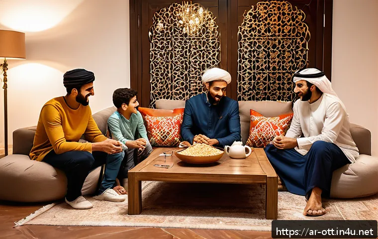 OTT와 패밀리 공유 기능 - A warm, cozy Middle Eastern family living room scene during an evening movie night, featuring a mult...