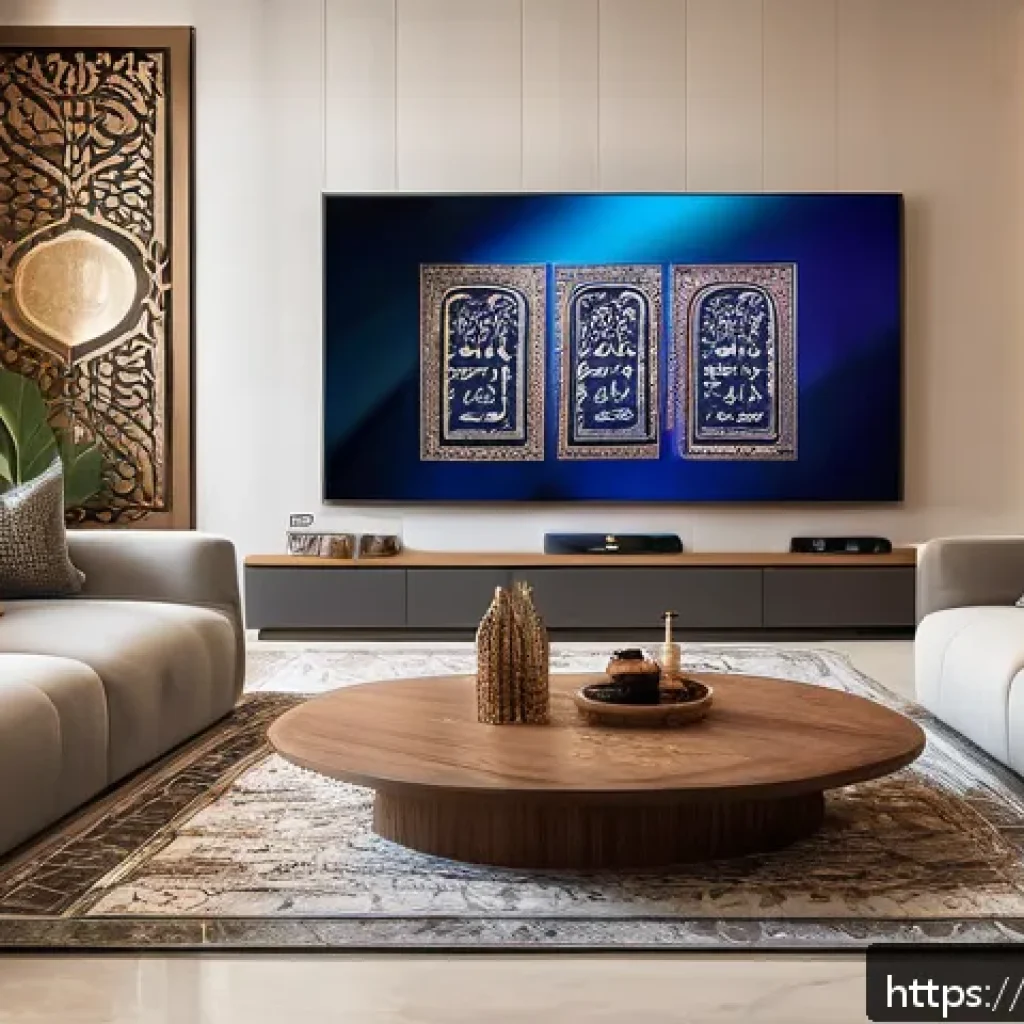 HBO Max 콘텐츠 차이 - A detailed digital illustration of a modern living room in a Middle Eastern home, with a family of d...