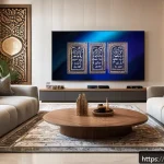 Home 20 HBO Max 콘텐츠 차이 - A detailed digital illustration of a modern living room in a Middle Eastern home, with a family of d...
