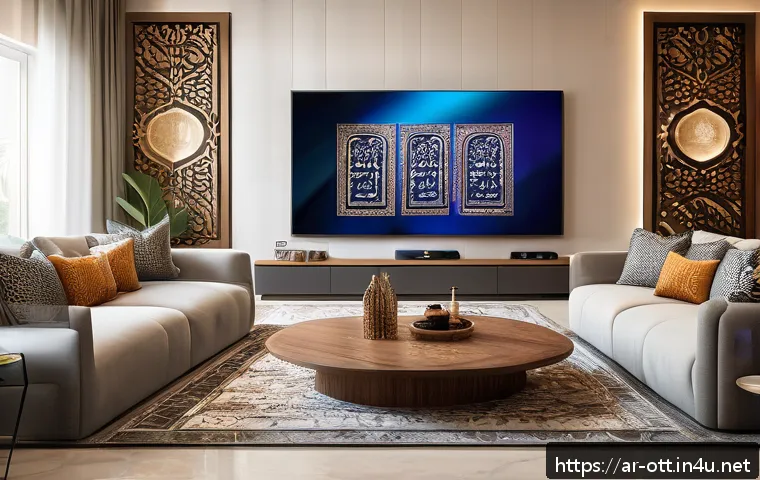 HBO Max 콘텐츠 차이 - A detailed digital illustration of a modern living room in a Middle Eastern home, with a family of d...
