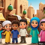 Home 18 OTT 어린이 콘텐츠 추천 - A vibrant and colorful Arabic children’s educational TV show scene featuring diverse cartoon charact...