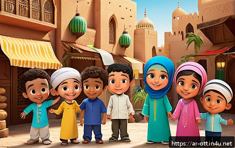 OTT 어린이 콘텐츠 추천 - A vibrant and colorful Arabic children&rsquo;s educational TV show scene featuring diverse cartoon charact...