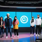 Home 23 OTT와 지역 콘텐츠의 기회 - A vibrant digital studio scene featuring a diverse group of young Arab content creators collaboratin...