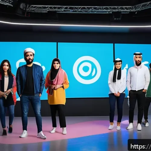 Home 17 OTT와 지역 콘텐츠의 기회 - A vibrant digital studio scene featuring a diverse group of young Arab content creators collaboratin...