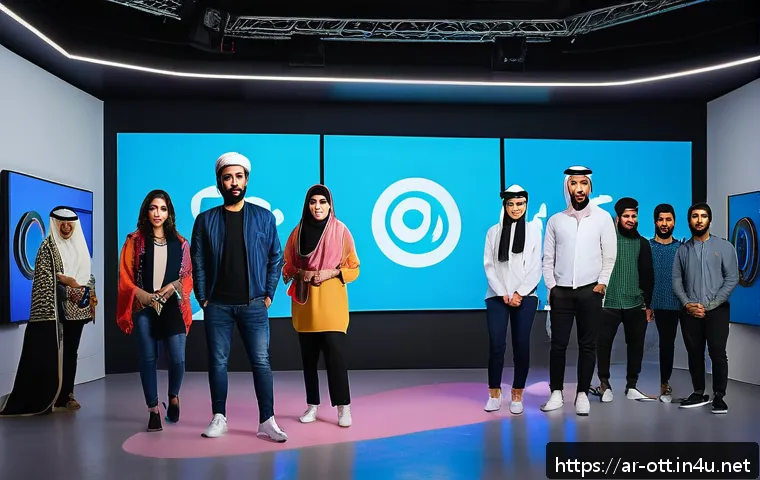 OTT와 지역 콘텐츠의 기회 - A vibrant digital studio scene featuring a diverse group of young Arab content creators collaboratin...
