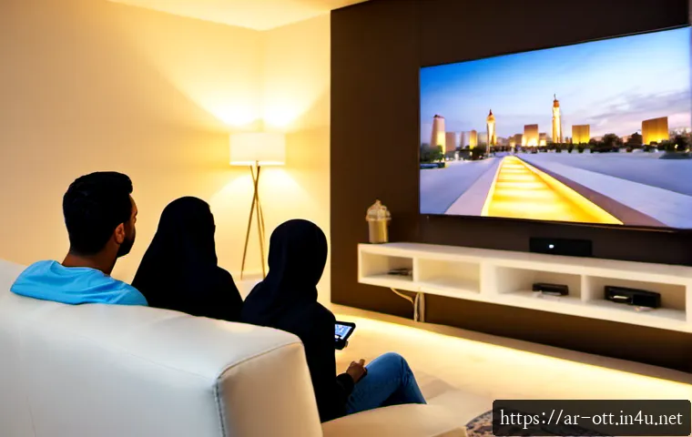 OTT와 인공지능 콘텐츠 추천 - Photorealistic modern Arab family in a warm Riyadh living room, parents and two fully clothed teenag...