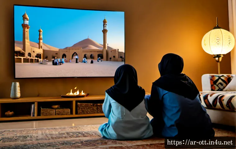 OTT의 지역화 콘텐츠 - Photorealistic Arab family in a modern Gulf living room watching a regional streaming drama on a lar...
