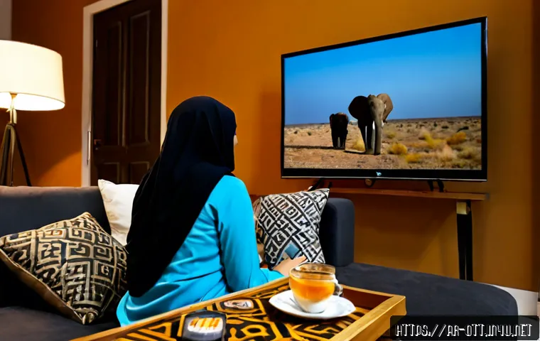 넷플릭스 다큐멘터리 추천 - Photorealistic evening scene in a stylish Middle Eastern living room, an Arab woman in modest casual...