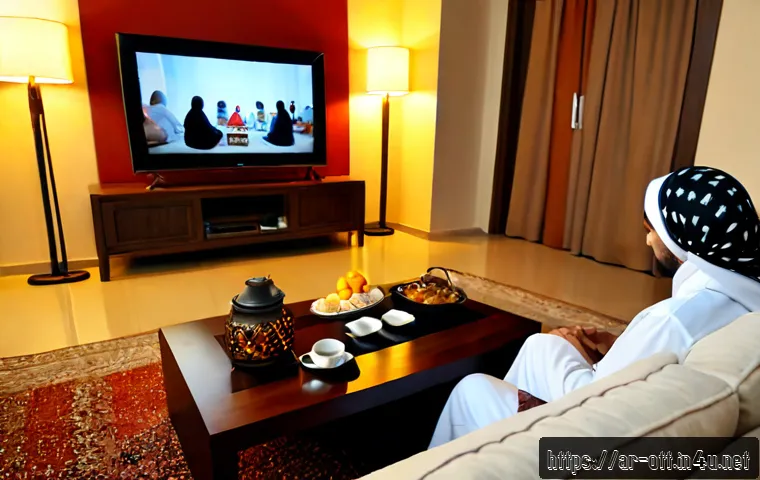 OTT 구독 유지율 - Photorealistic evening scene in a modern Arab family living room, multigenerational family comfortab...