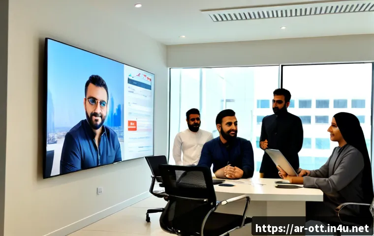 OTT 마케팅 사례 - Photorealistic modern OTT marketing strategy meeting in a bright Dubai creative office, diverse Arab...
