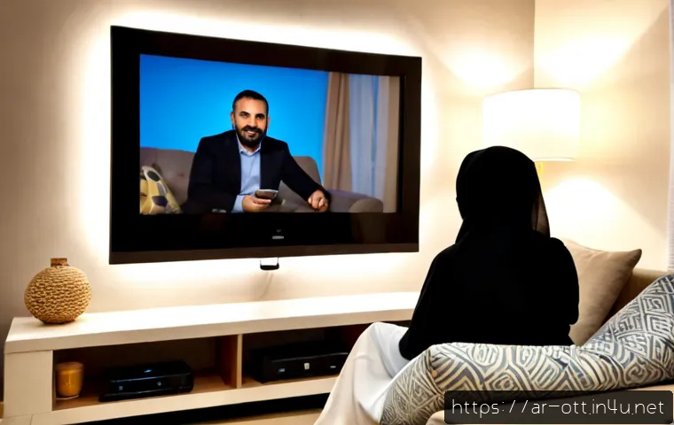 OTT와 데이터 절약 기능 - Photorealistic evening living room in a modern Arab family home, middle-aged Arab couple comfortably...